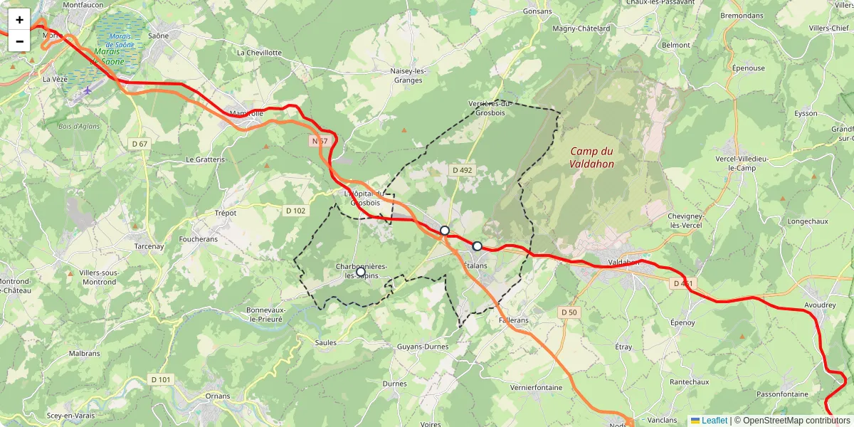 Carte du réseau de transport en commun à Étalans - lignes de bus et arrêts