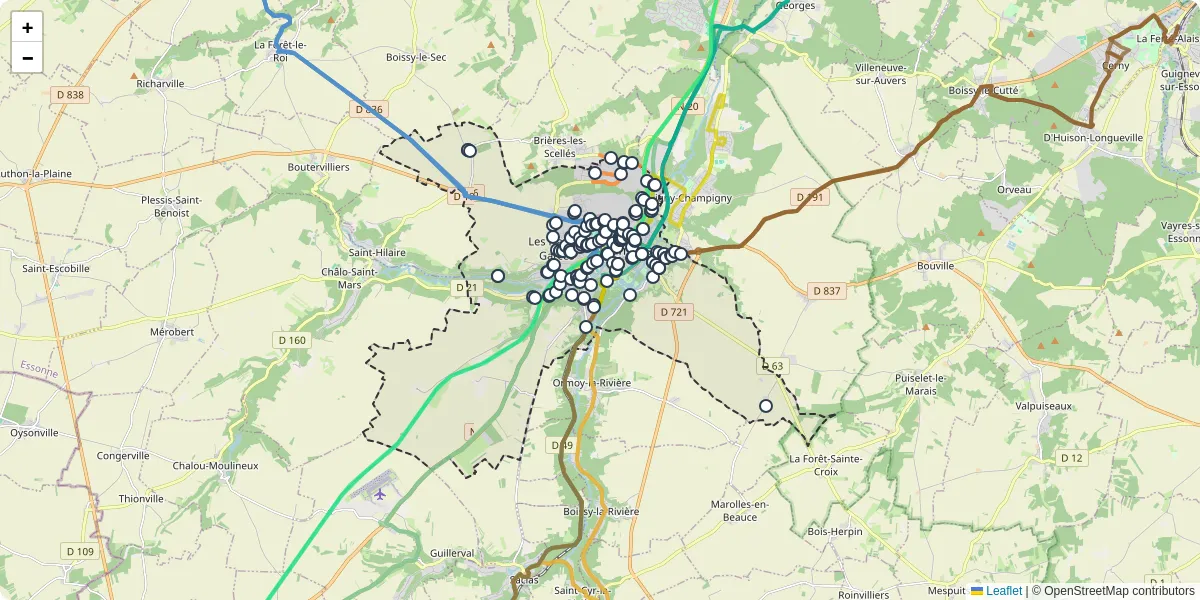 Carte du réseau de transport en commun à Étampes - lignes de bus et arrêts