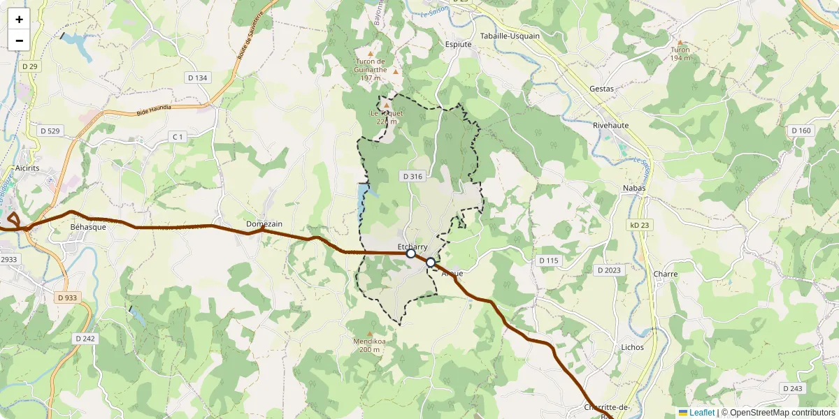 Carte du réseau de transport en commun à Etcharry - lignes de bus et arrêts