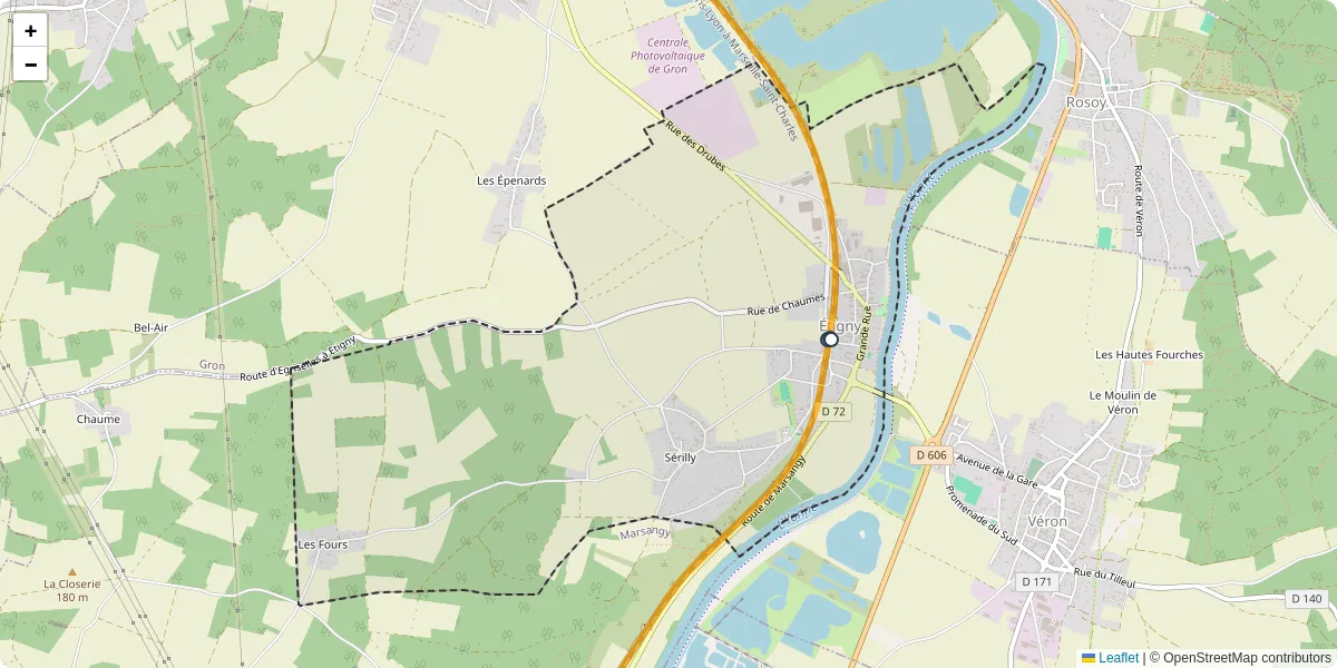Carte du réseau de transport en commun à Étigny - lignes de bus et arrêts