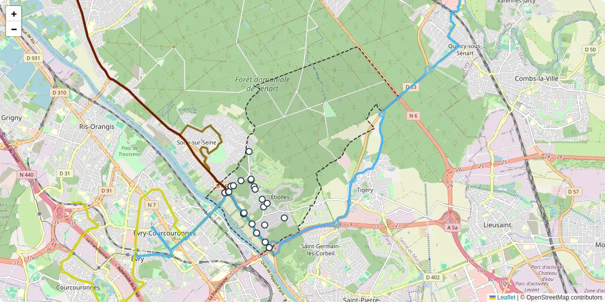 Carte du réseau de transport en commun à Étiolles - lignes de bus et arrêts