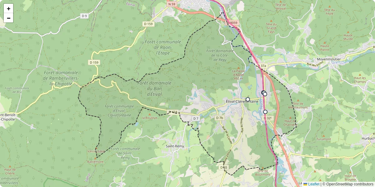 Carte du réseau de transport en commun à Étival-Clairefontaine - lignes de bus et arrêts