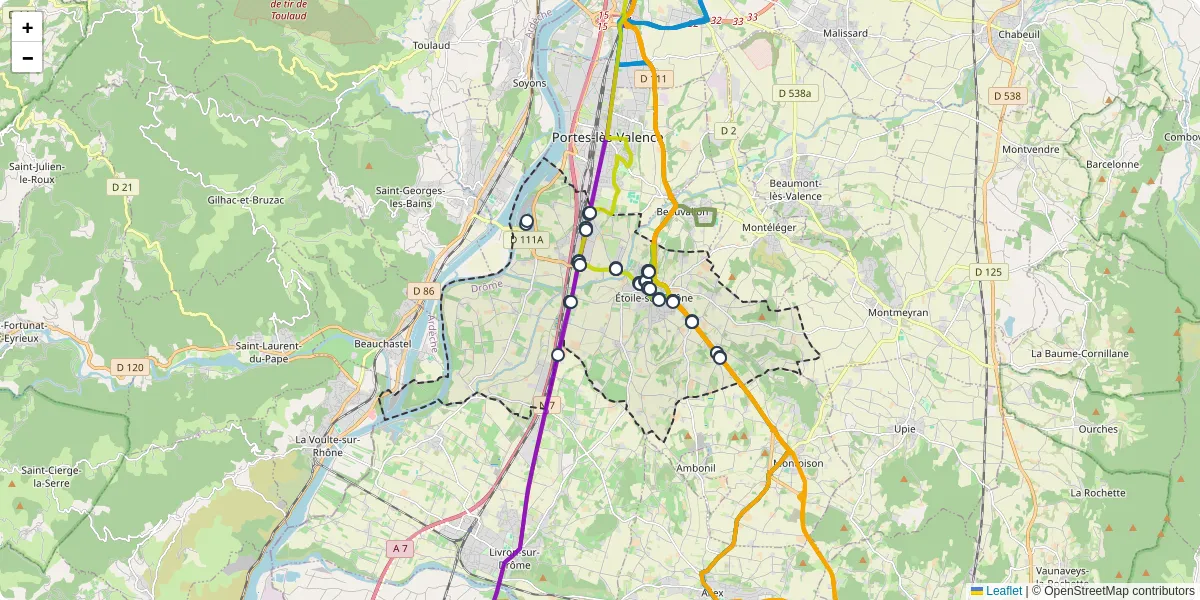 Carte du réseau de transport en commun à Étoile-sur-Rhône - lignes de bus et arrêts