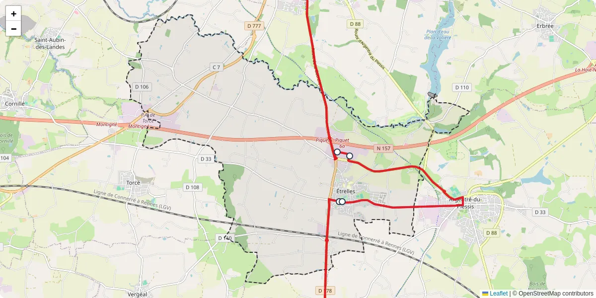 Carte du réseau de transport en commun à Étrelles - lignes de bus et arrêts