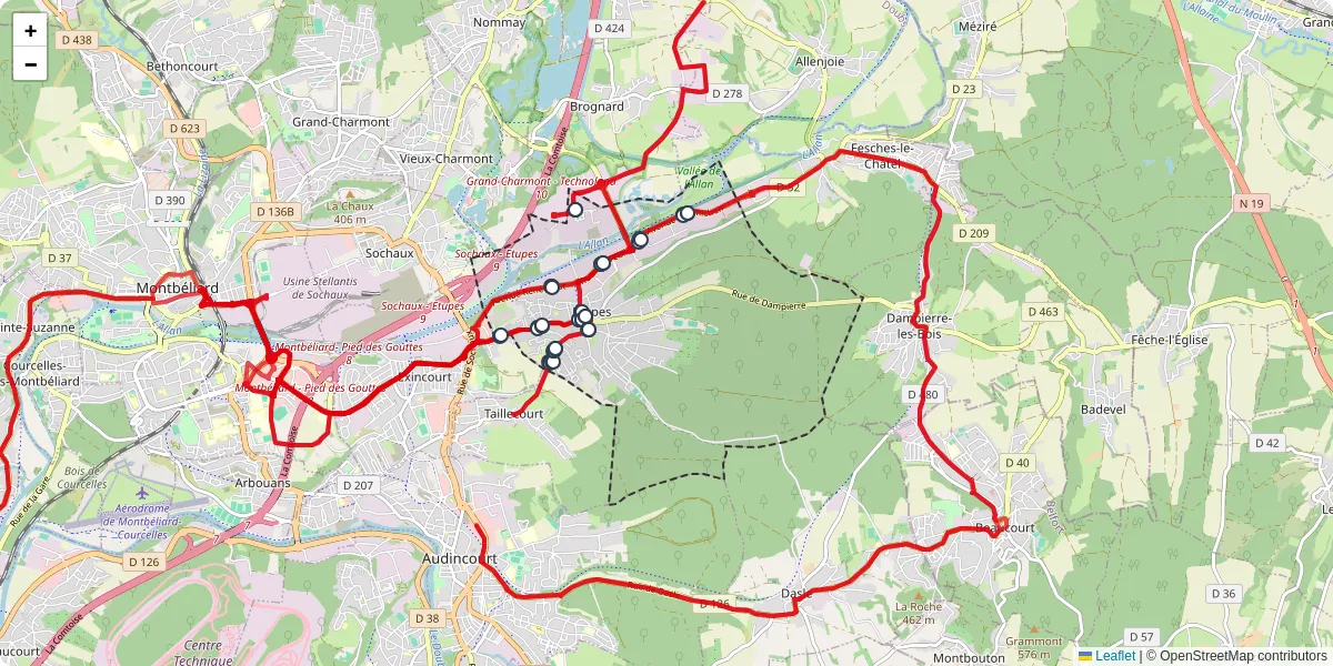 Carte du réseau de transport en commun à Étupes - lignes de bus et arrêts