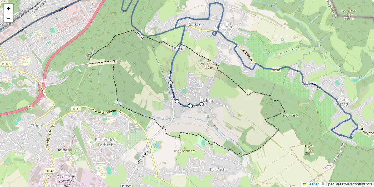Carte du réseau de transport en commun à Etzling - lignes de bus et arrêts