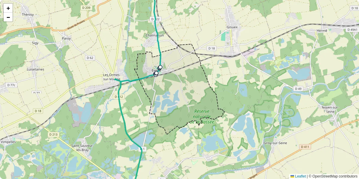 Carte du réseau de transport en commun à Everly - lignes de bus et arrêts