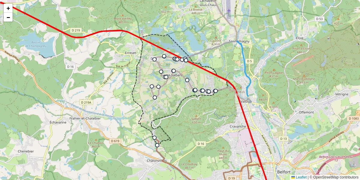 Carte du réseau de transport en commun à Évette-Salbert - lignes de bus et arrêts