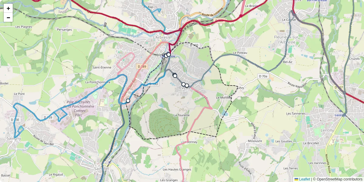 Carte du réseau de transport en commun à Éveux - lignes de bus et arrêts