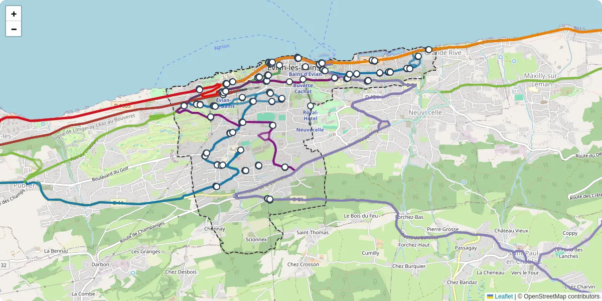 Carte du réseau de transport en commun à Évian-les-Bains - lignes de bus et arrêts