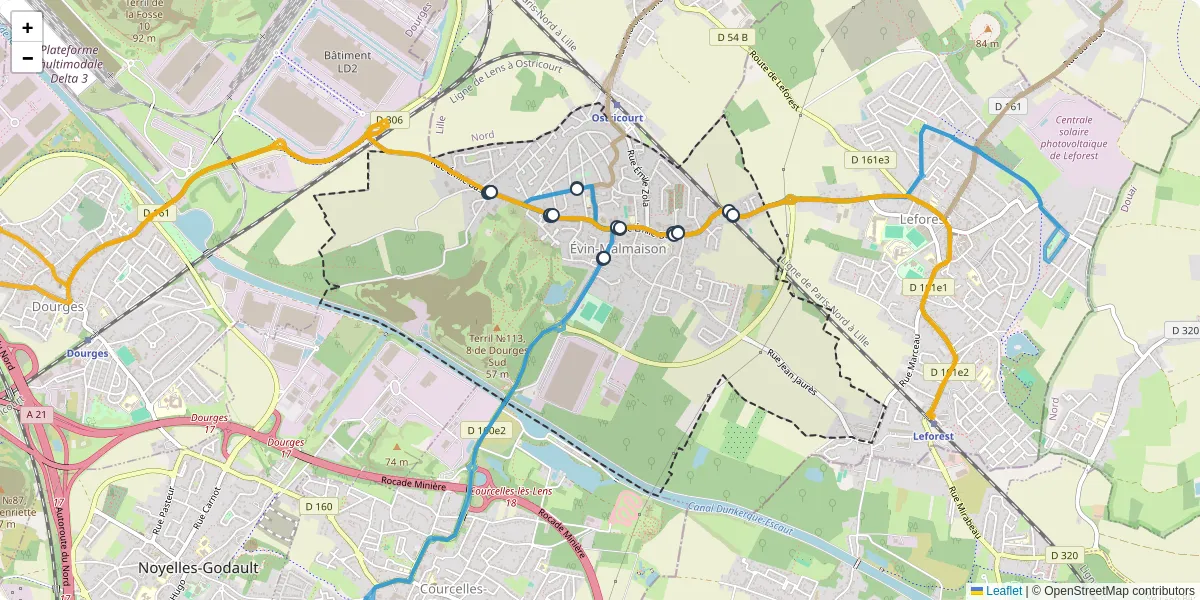 Carte du réseau de transport en commun à Évin-Malmaison - lignes de bus et arrêts