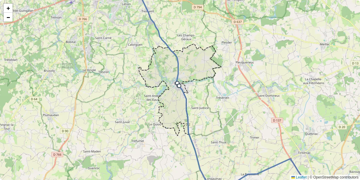 Carte du réseau de transport en commun à Évran - lignes de bus et arrêts