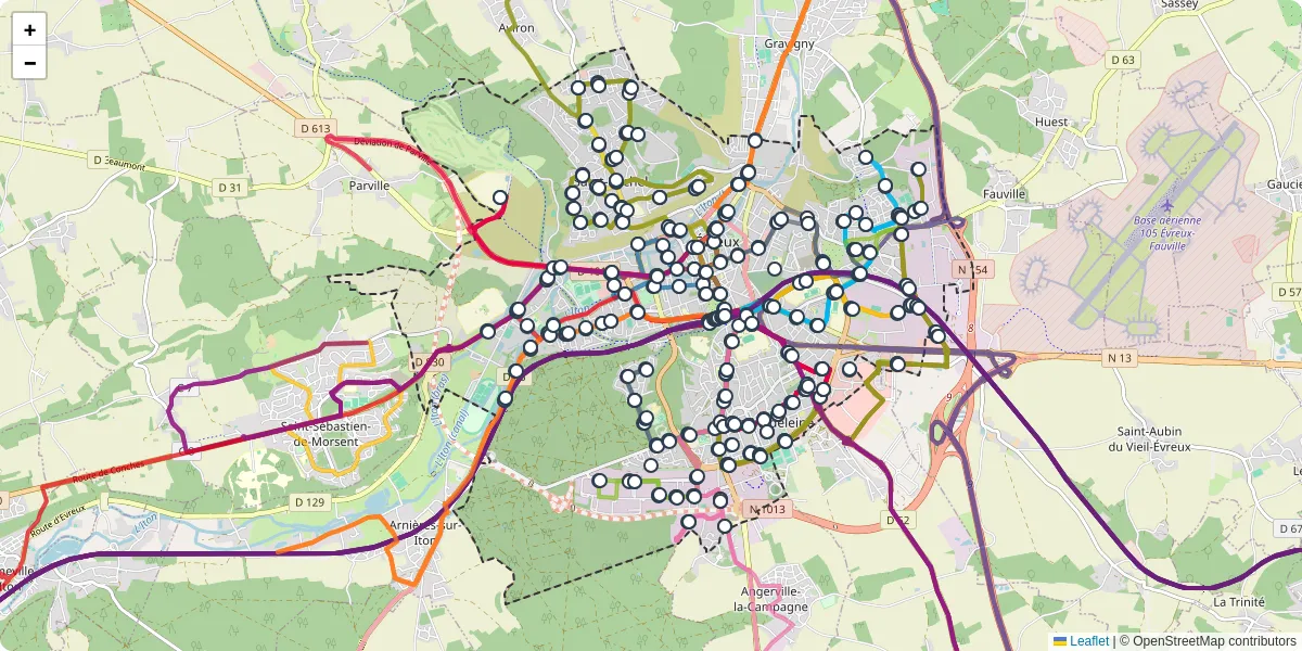 Carte du réseau de transport en commun à Évreux - lignes de bus et arrêts