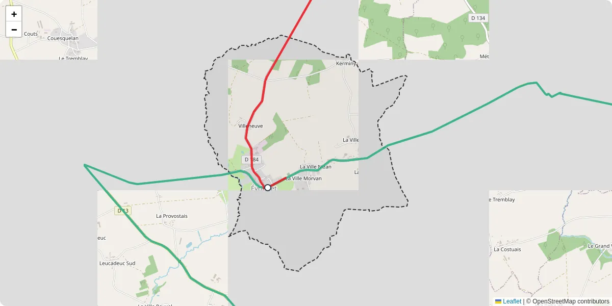 Carte du réseau de transport en commun à Évriguet - lignes de bus et arrêts