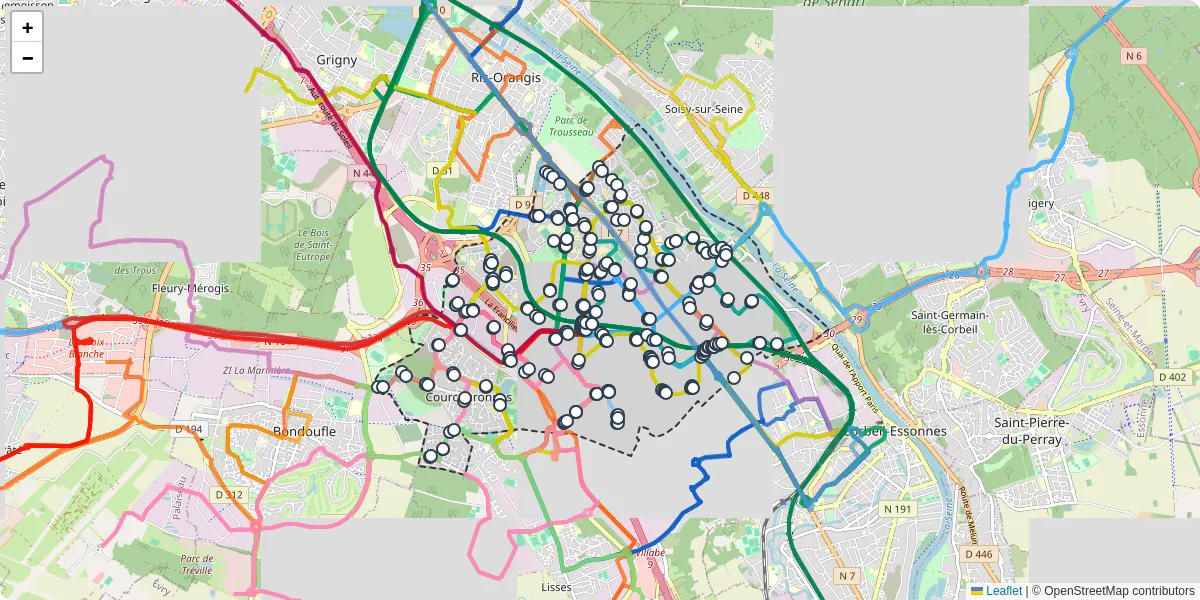 Carte du réseau de transport en commun à Évry-Courcouronnes - lignes de bus et arrêts