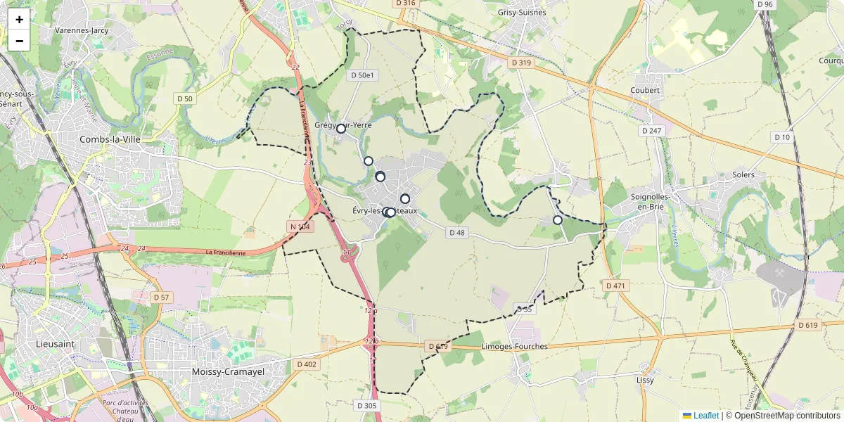 Carte du réseau de transport en commun à Évry-Grégy-sur-Yerre - lignes de bus et arrêts