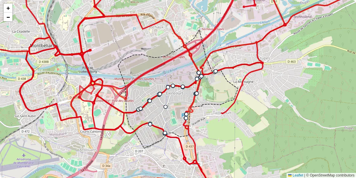 Carte du réseau de transport en commun à Exincourt - lignes de bus et arrêts