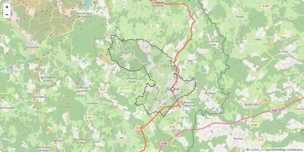Carte du réseau de transport en commun à Eygurande - lignes de bus et arrêts