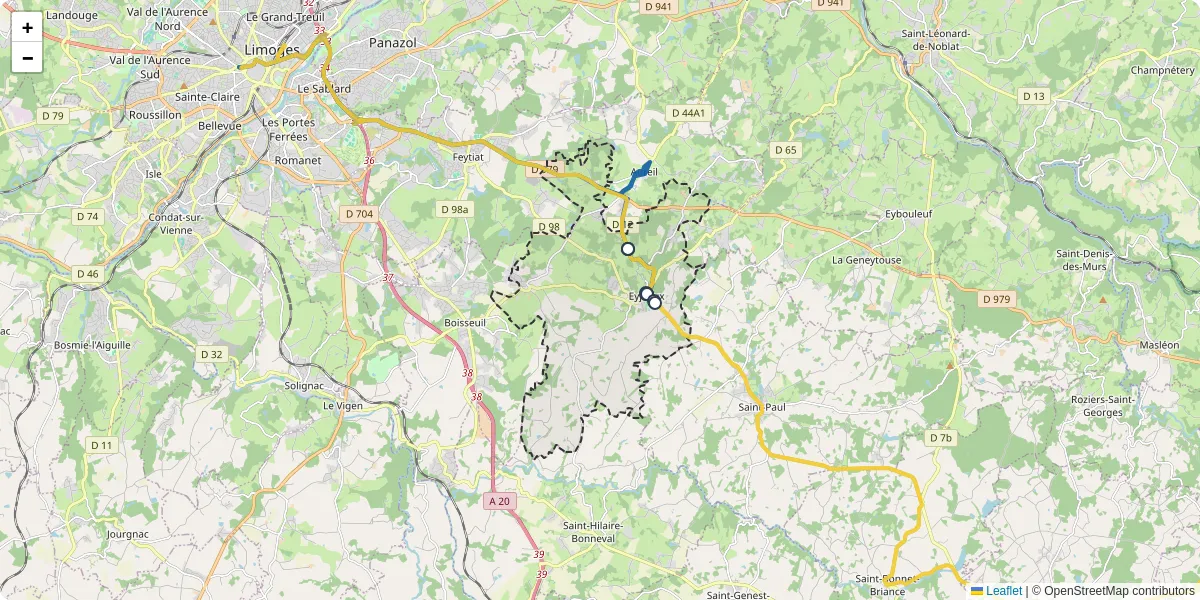Carte du réseau de transport en commun à Eyjeaux - lignes de bus et arrêts