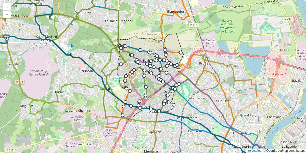 Carte du réseau de transport en commun à Eysines - lignes de bus et arrêts