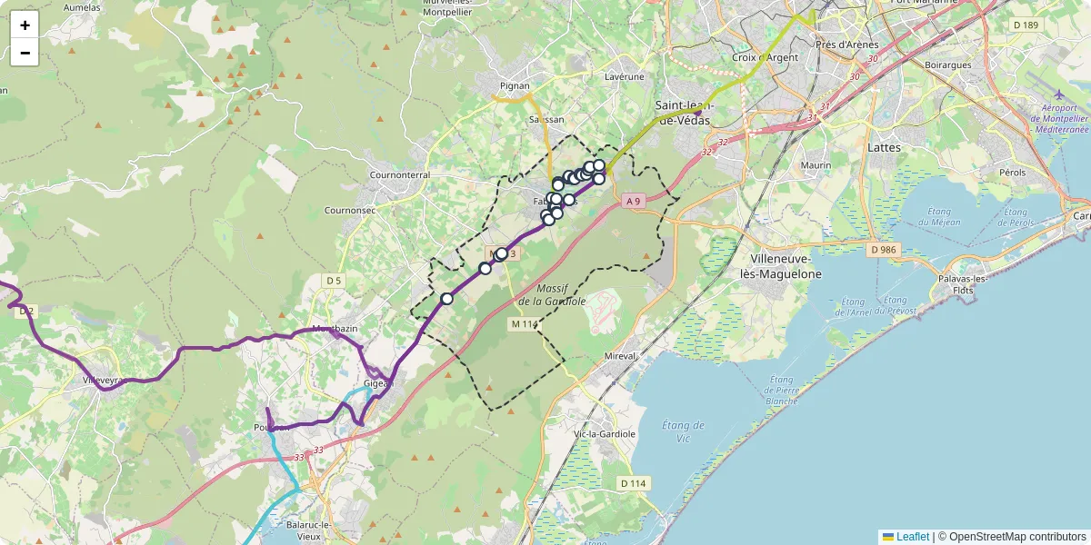 Carte du réseau de transport en commun à Fabrègues - lignes de bus et arrêts