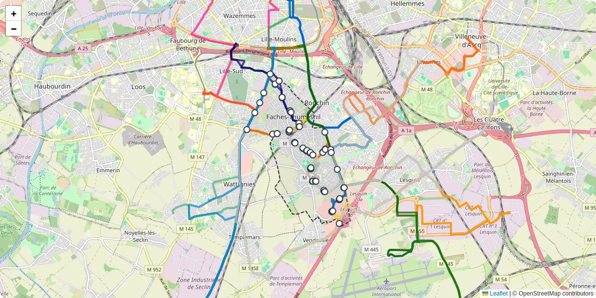 Carte du réseau de transport en commun à Faches-Thumesnil - lignes de bus et arrêts