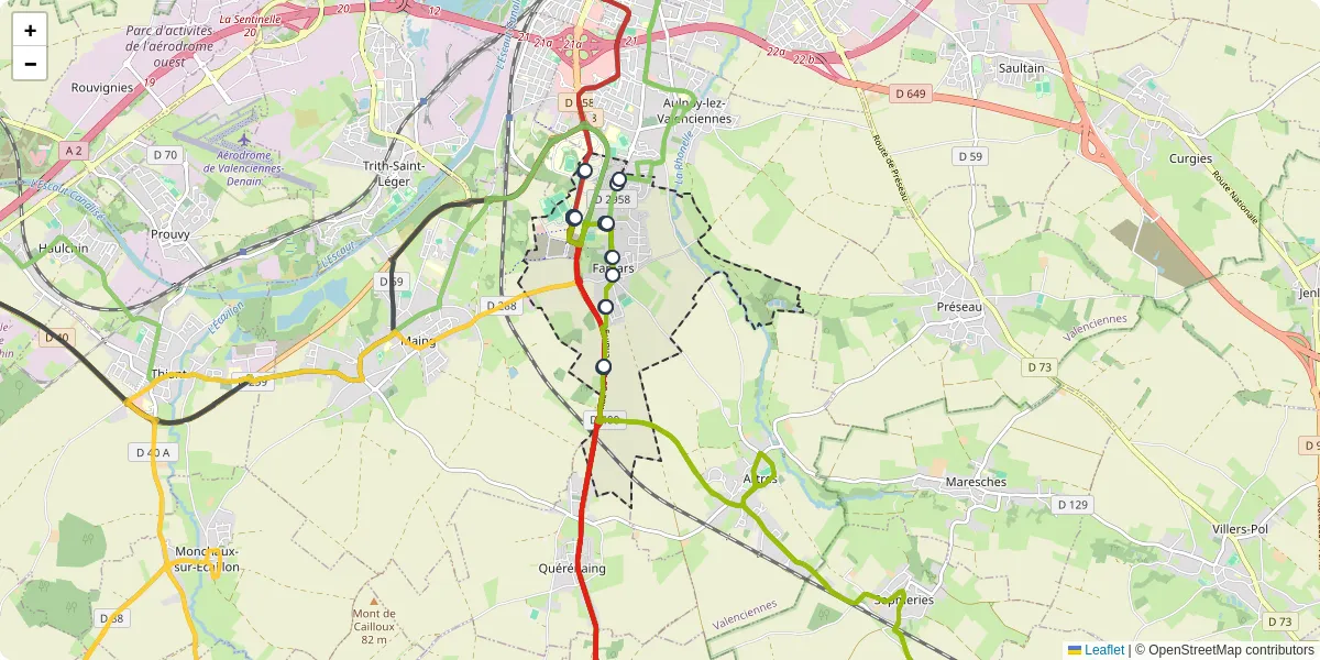 Carte du réseau de transport en commun à Famars - lignes de bus et arrêts
