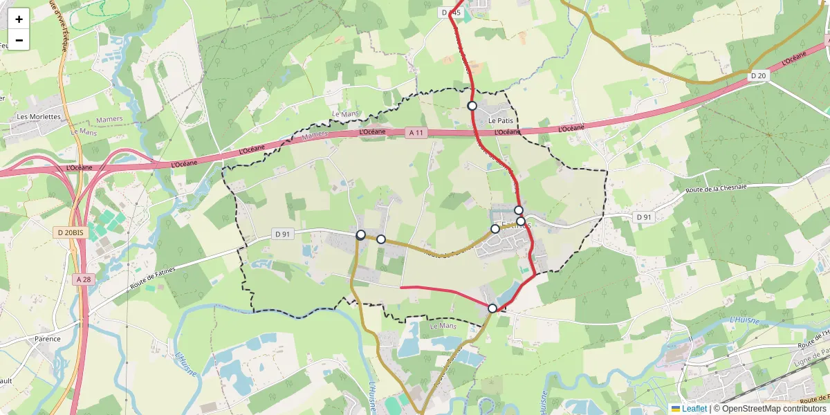 Carte du réseau de transport en commun à Fatines - lignes de bus et arrêts