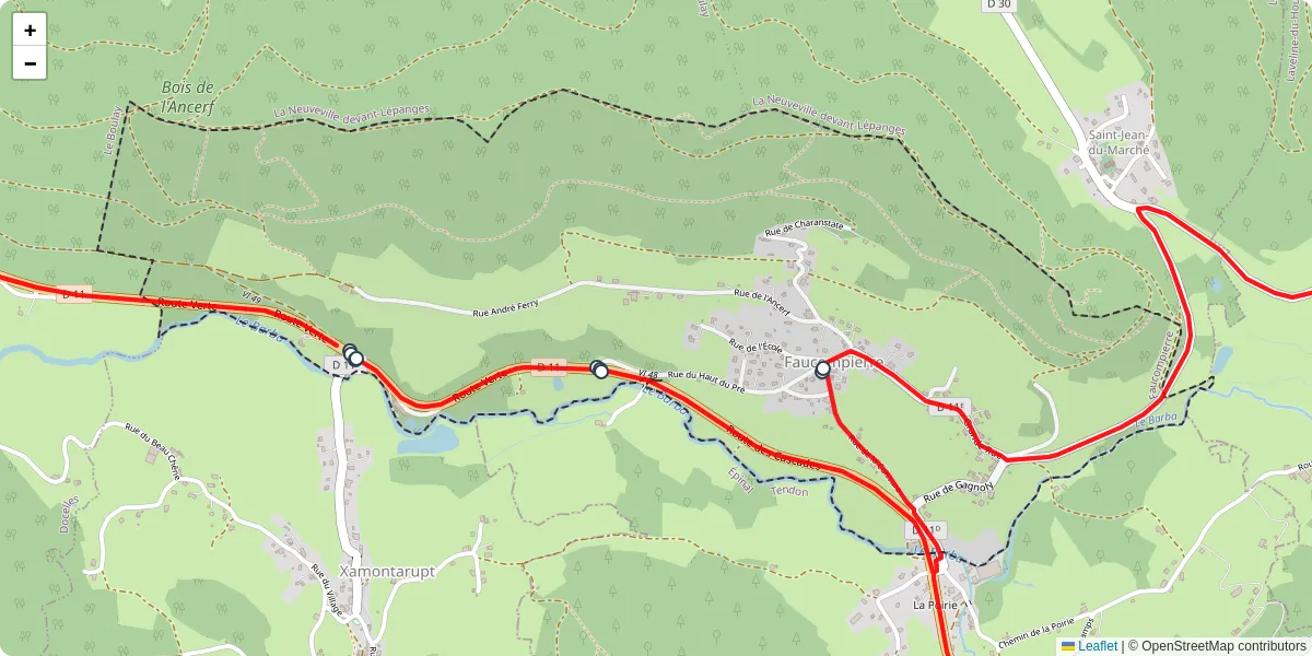 Carte du réseau de transport en commun à Faucompierre - lignes de bus et arrêts