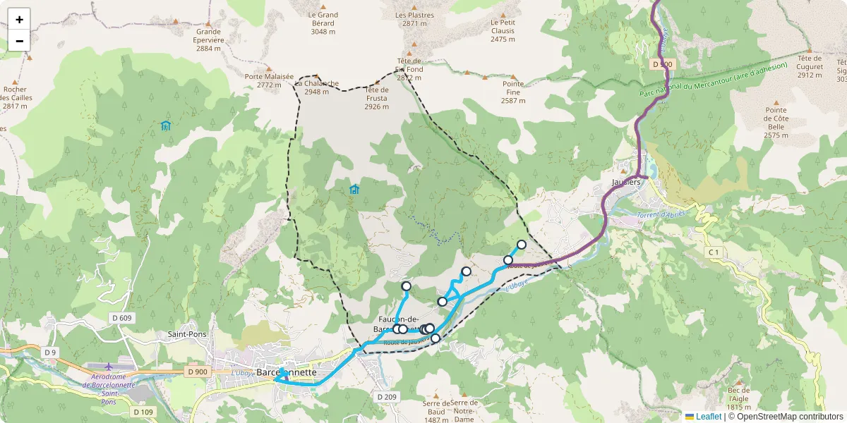 Carte du réseau de transport en commun à Faucon-de-Barcelonnette - lignes de bus et arrêts