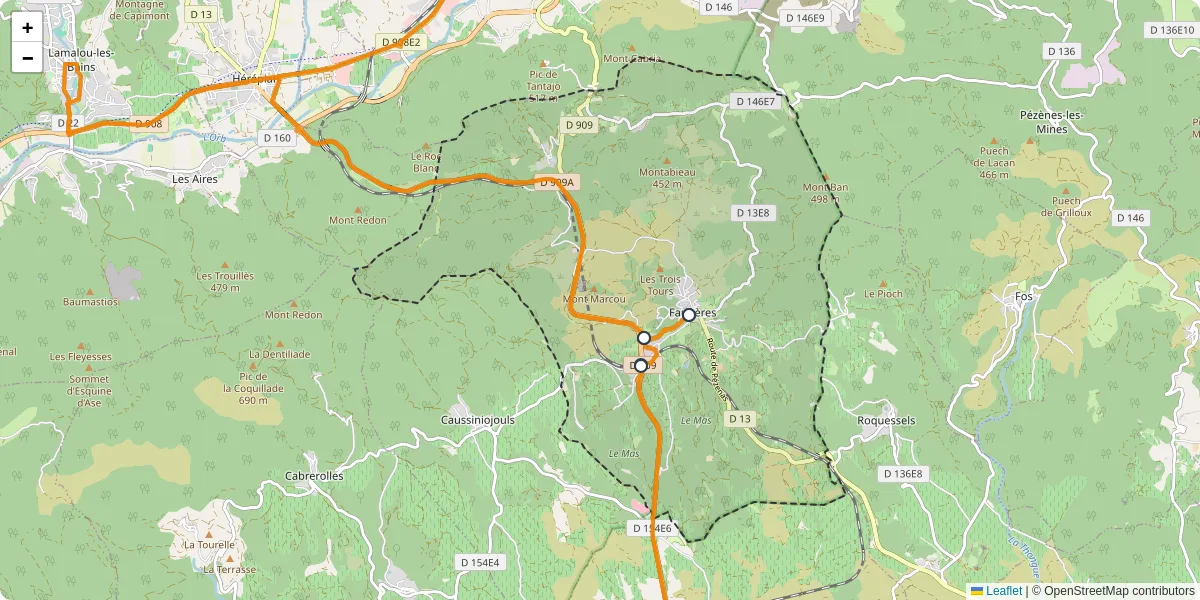 Carte du réseau de transport en commun à Faugères - lignes de bus et arrêts