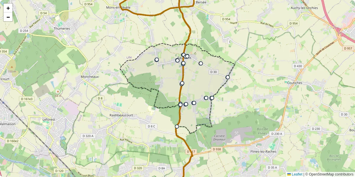 Carte du réseau de transport en commun à Faumont - lignes de bus et arrêts