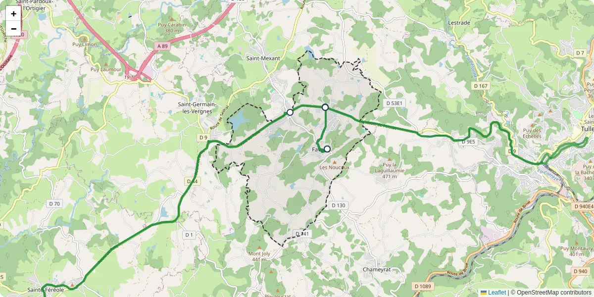 Carte du réseau de transport en commun à Favars - lignes de bus et arrêts