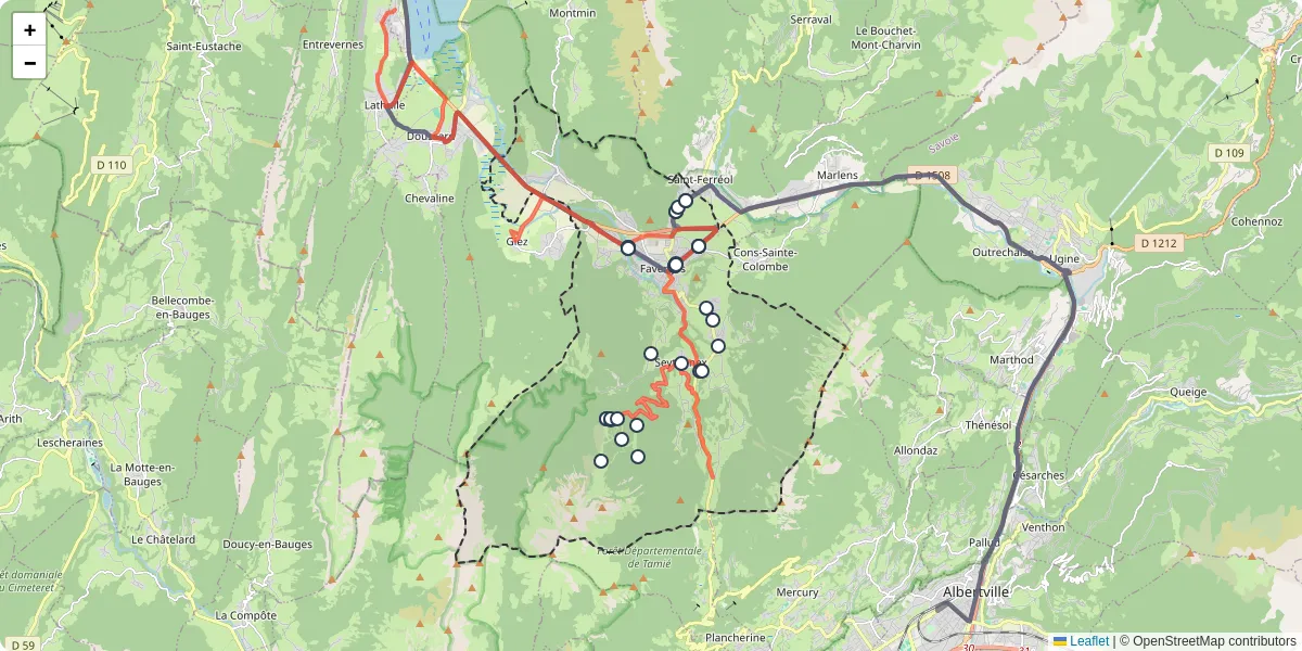 Carte du réseau de transport en commun à Faverges-Seythenex - lignes de bus et arrêts