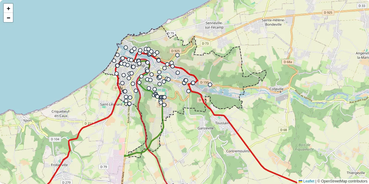 Carte du réseau de transport en commun à Fécamp - lignes de bus et arrêts