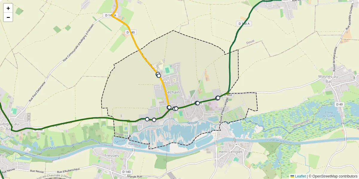 Carte du réseau de transport en commun à Féchain - lignes de bus et arrêts