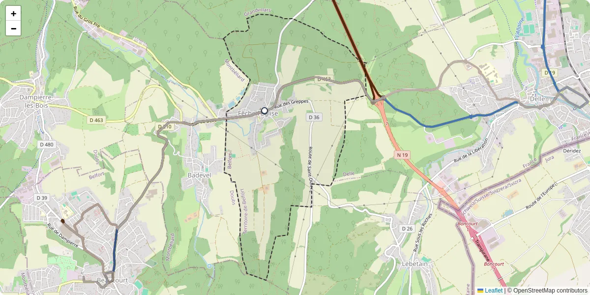 Carte du réseau de transport en commun à Fêche-l'Église - lignes de bus et arrêts