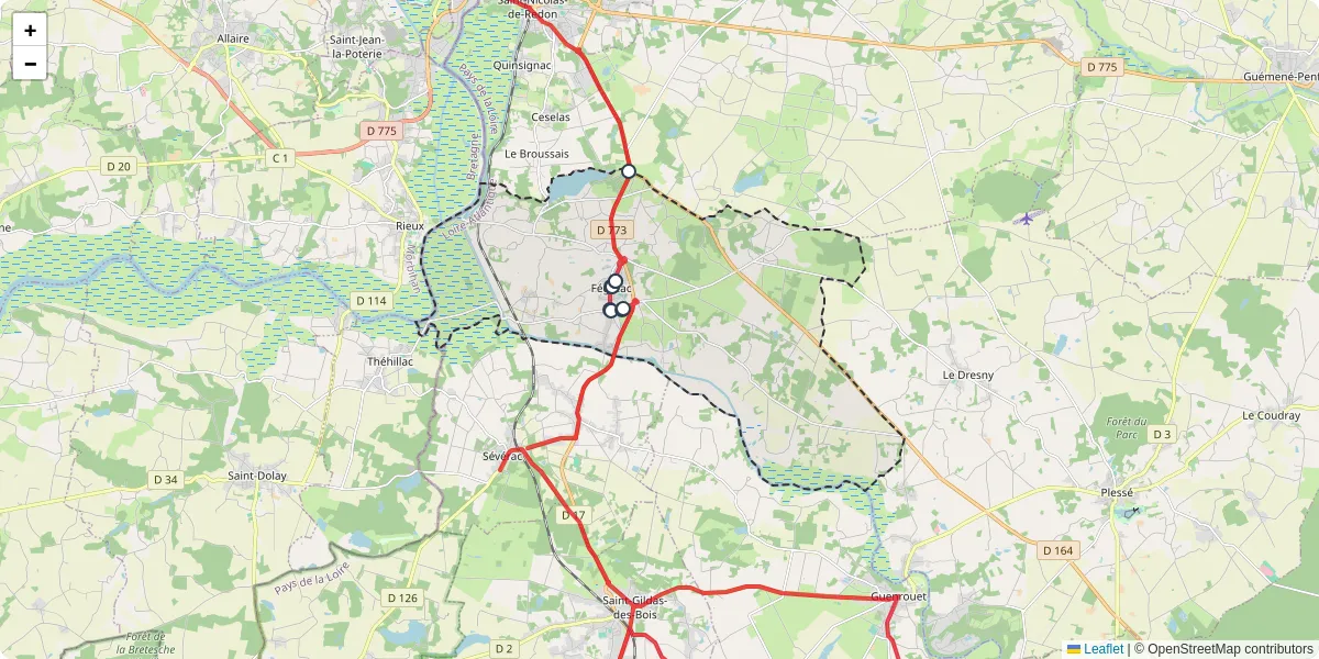 Carte du réseau de transport en commun à Fégréac - lignes de bus et arrêts