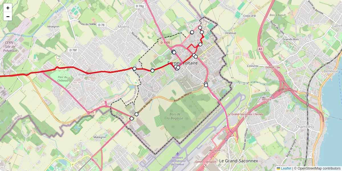 Carte du réseau de transport en commun à Ferney-Voltaire - lignes de bus et arrêts