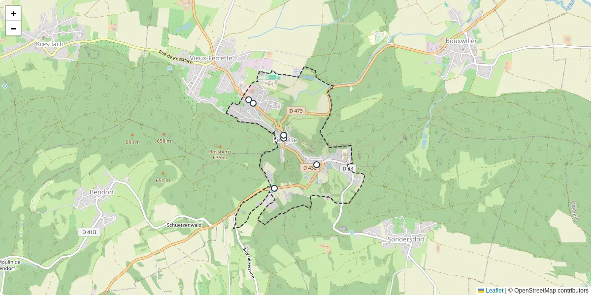 Carte du réseau de transport en commun à Ferrette - lignes de bus et arrêts