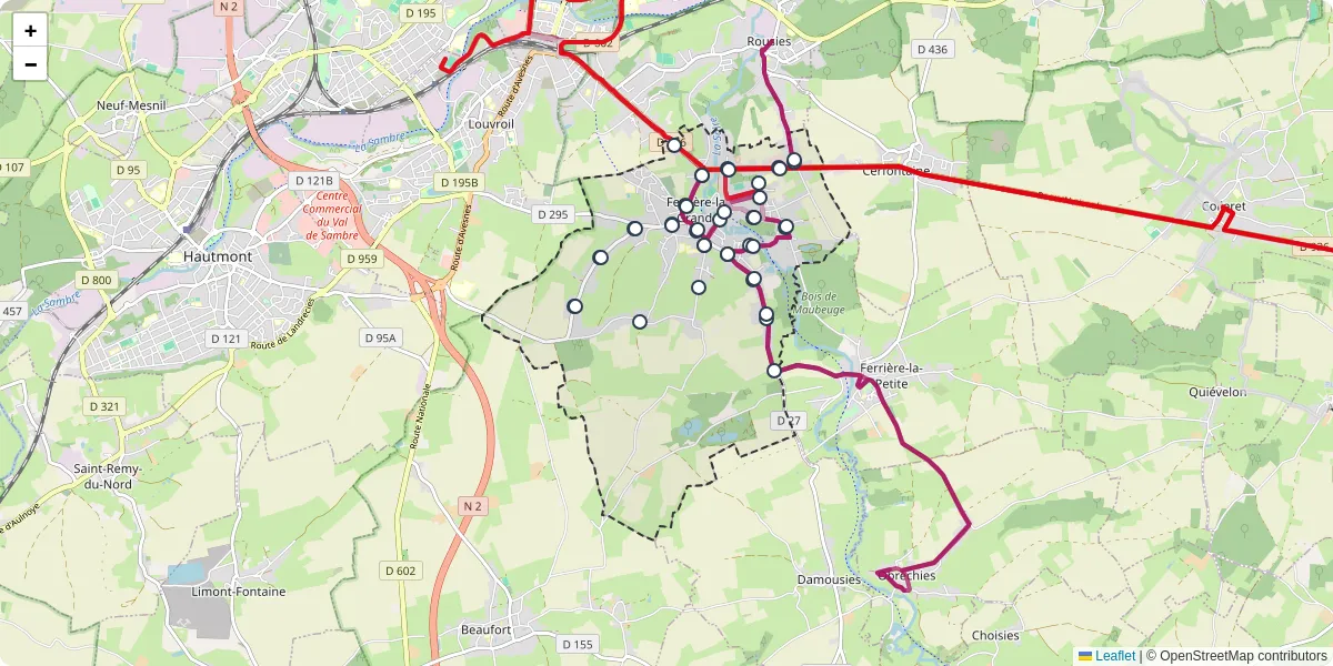 Carte du réseau de transport en commun à Ferrière-la-Grande - lignes de bus et arrêts