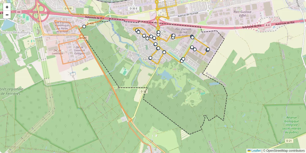 Carte du réseau de transport en commun à Ferrières-en-Brie - lignes de bus et arrêts