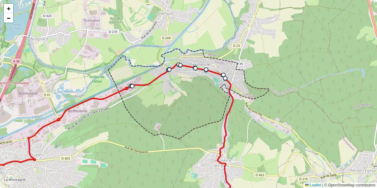 Carte du réseau de transport en commun à Fesches-le-Châtel - lignes de bus et arrêts