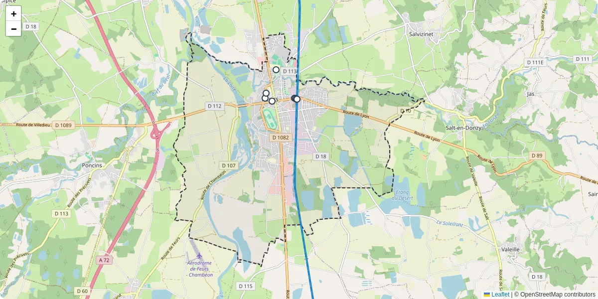 Carte du réseau de transport en commun à Feurs - lignes de bus et arrêts