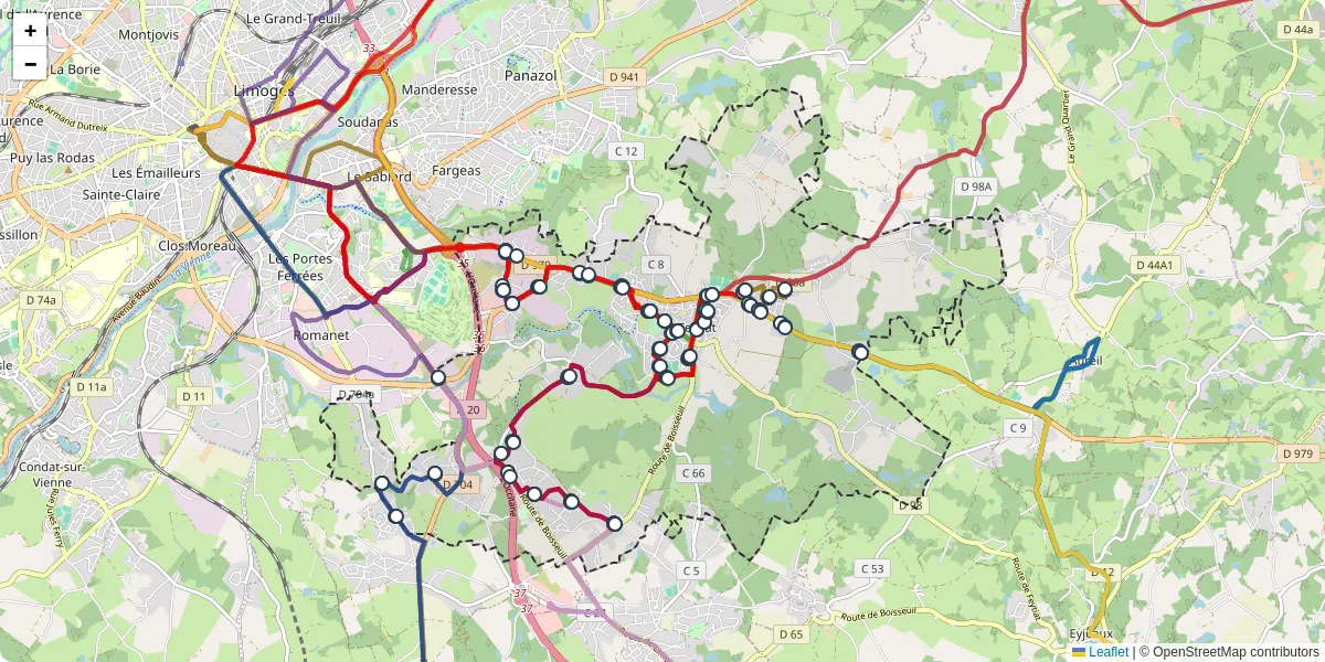 Carte du réseau de transport en commun à Feytiat - lignes de bus et arrêts