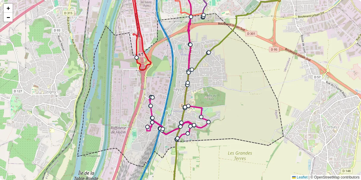 Carte du réseau de transport en commun à Feyzin - lignes de bus et arrêts