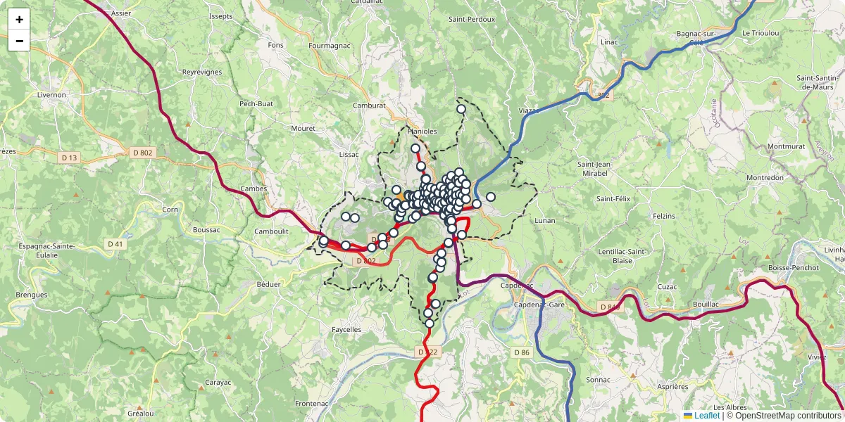 Carte du réseau de transport en commun à Figeac - lignes de bus et arrêts