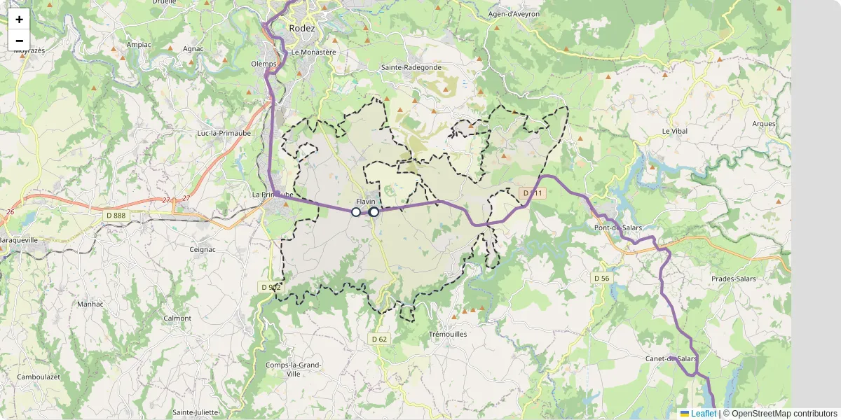 Carte du réseau de transport en commun à Flavin - lignes de bus et arrêts