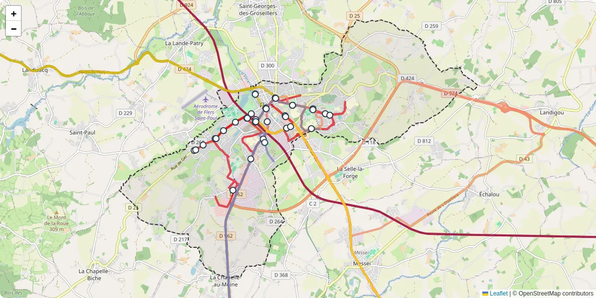 Carte du réseau de transport en commun à Flers - lignes de bus et arrêts
