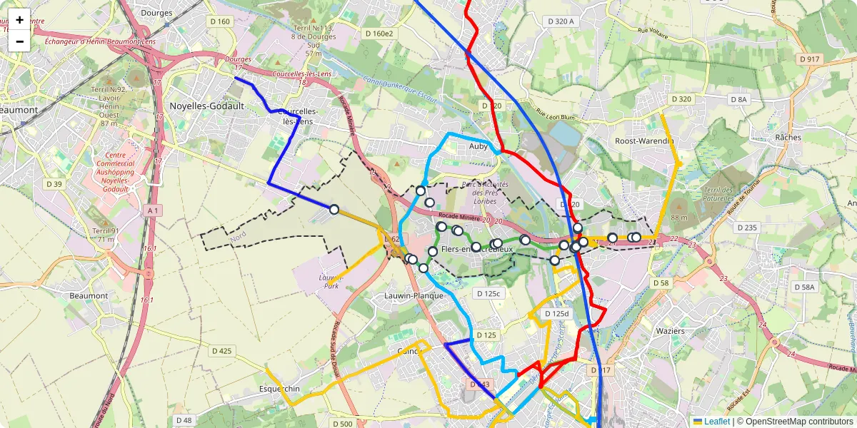 Carte du réseau de transport en commun à Flers-en-Escrebieux - lignes de bus et arrêts
